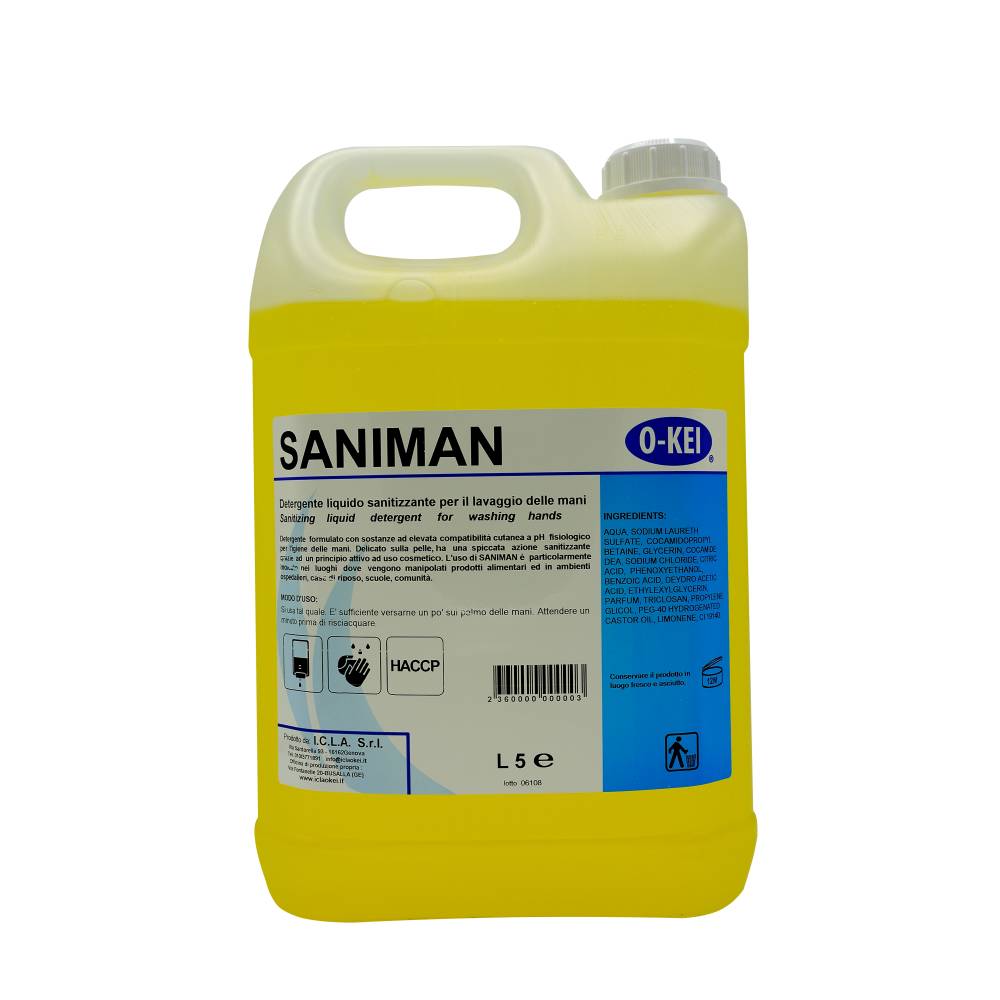 I.C.L.A. OKEI - SANIMAN - Igiene personale  5kg - Detergente formulato con sostanze ad elevata compatibilità cutanea a pH fisiologico per l'igiene delle mani. Delicato sulla pelle