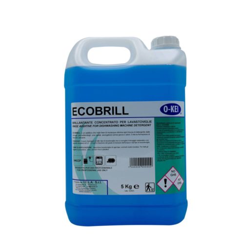 I.C.L.A. OKEI - ECOBRILL - Detergenti per stoviglie  5kg - Additivo concentrato a pH acido che nella fase di risciacquo elimina ogni traccia di detergente dalle stoviglie permettendogli una rapida asciugatura senza gocce e aloni. Evita la formazione di macchie calcaree. Formulato per lavorare in presenza di acque con durezza fino a 35°F.