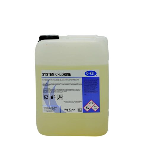 I.C.L.A. OKEI - SYSTEM CHLORINE - Detergenti per bucato  12kg - Additivo candeggiante sanitizzante a base di ipoclorito di sodio per potenziare la rimozione delle macchie pigmentate sulla biancheria bianca. Da utilizzarsi con appositi impianti automatici di dosaggio.