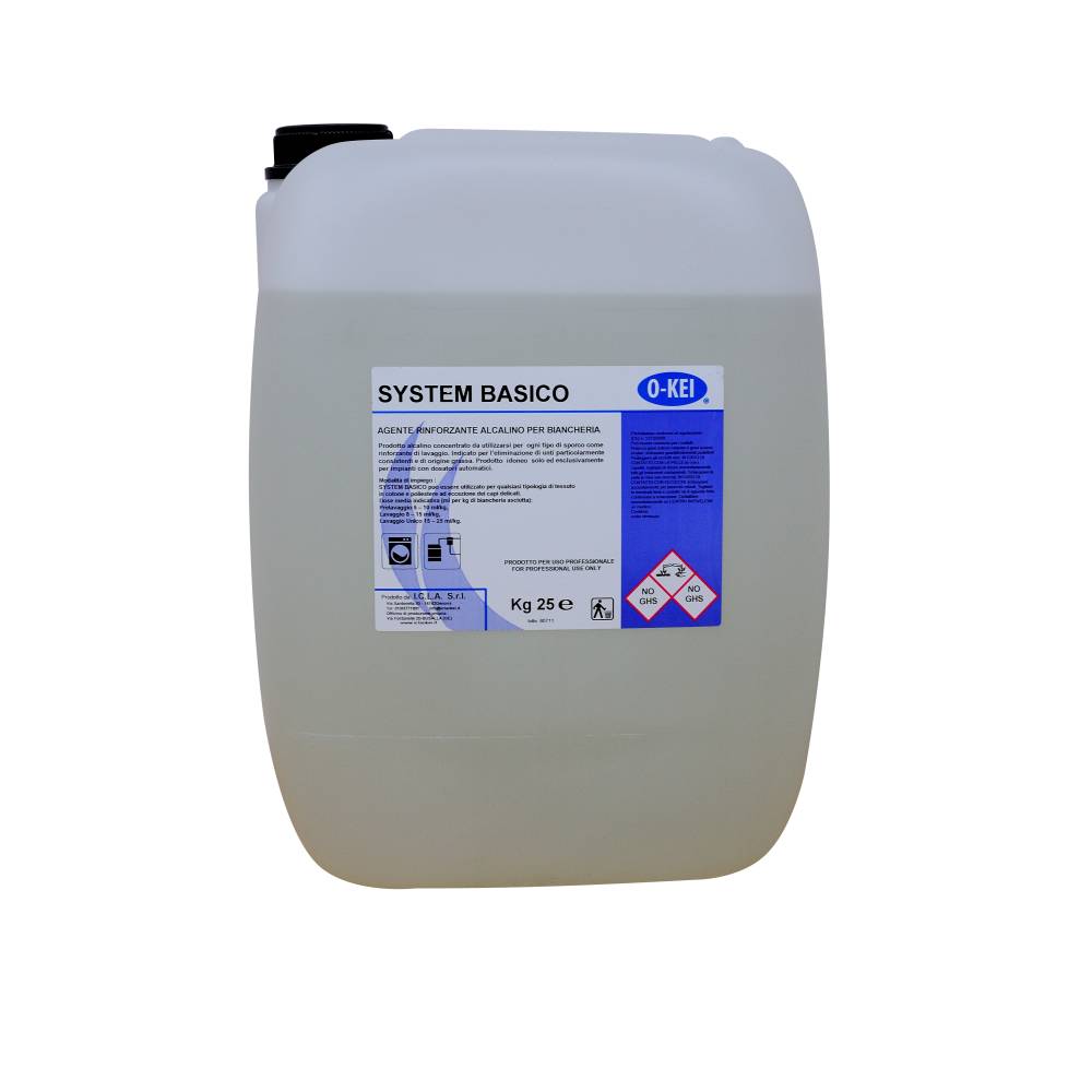 I.C.L.A. OKEI - SYSTEM BASICO - Detergenti per bucato  25kg - Prodotto alcalino concentrato da utilizzarsi per ogni tipo di sporco come rinforzante di lavaggio. Indicato per l’eliminazione di unti particolarmente consistenti e di origine grassa.